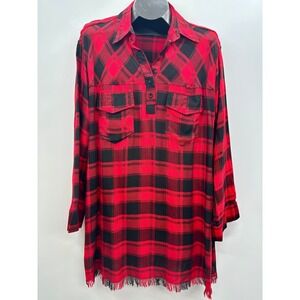 Umgee‎ USA Red Black Plaid Fringed Tunic Shirt Dress Oversized XL Grunge Goth